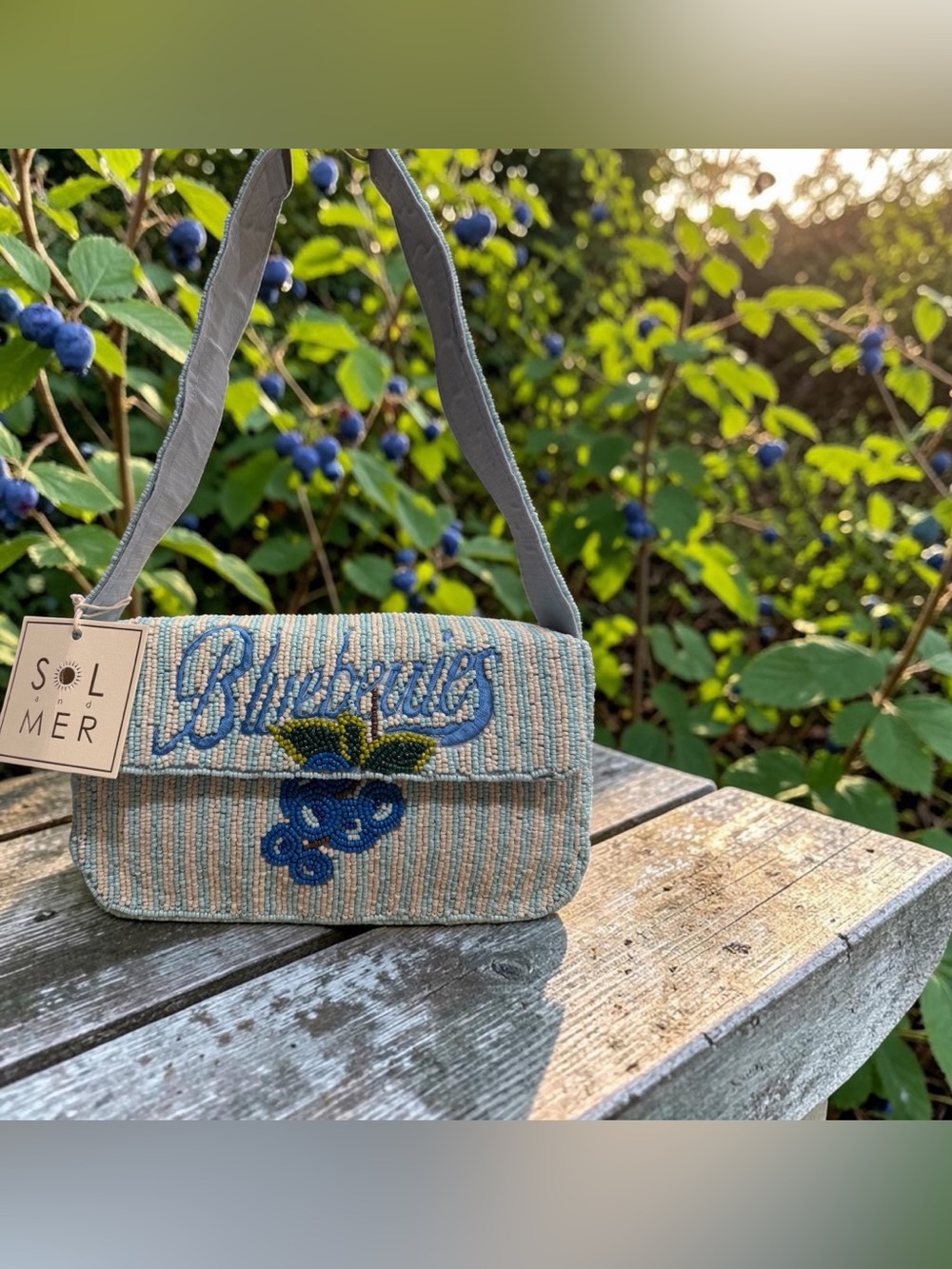 Sol & Mer 'Blueberry' Embroidered Shoulder Bag in Light Blue and Cream